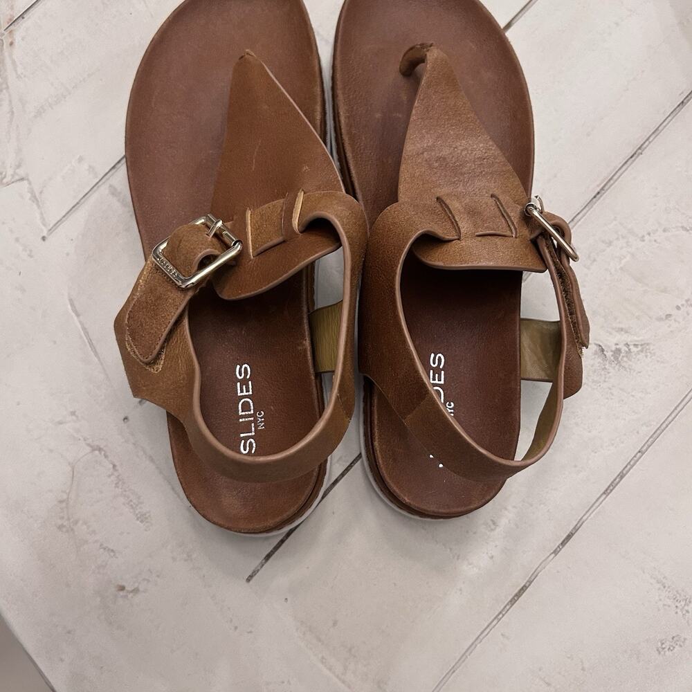 J Slides NYC Leather Platform Thong Sandals Cognac Slingback Lug Sole 10